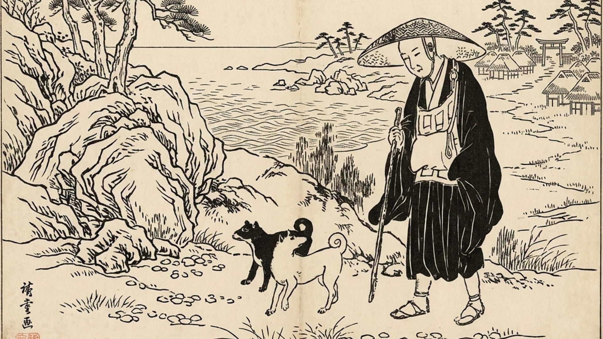 Stampa del periodo Edo: il Principe Koto e due cani che ricordano uno Shiba bianco e uno black & tan