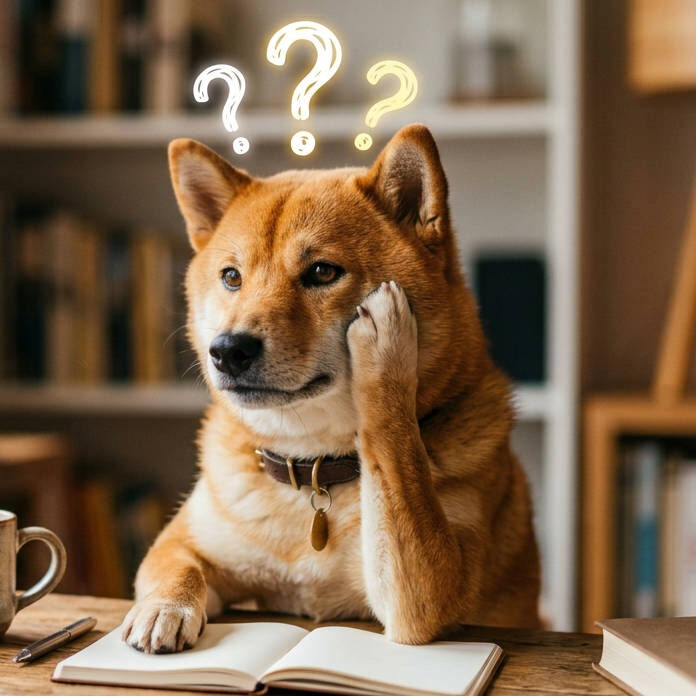 Shiba Inu rosso con l'espressione pensierosa e tre punti interrogativi sopra la testa